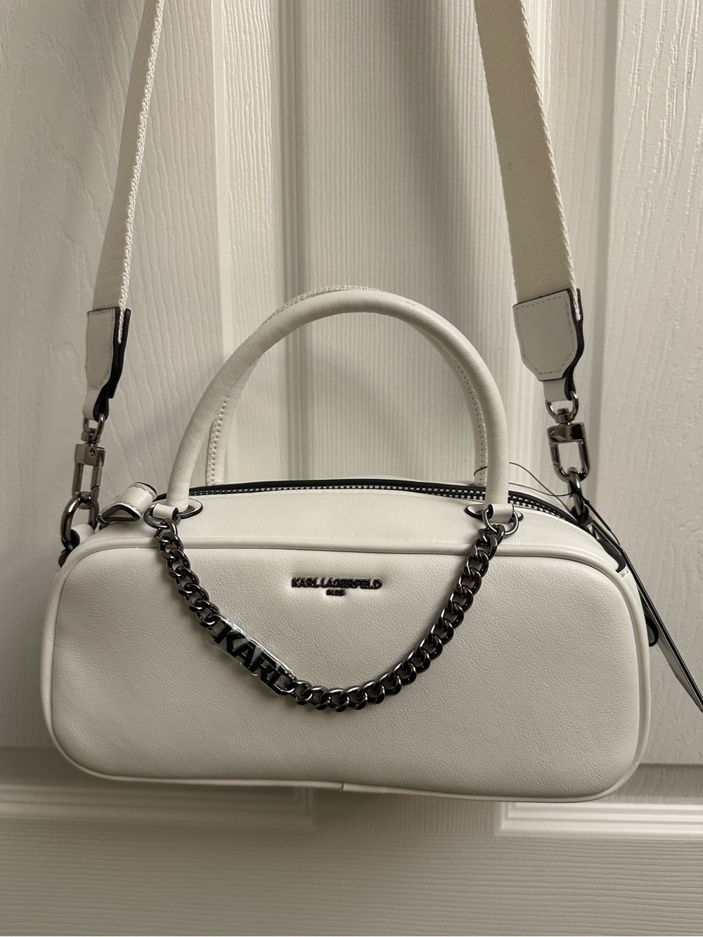 Karl Lagerfeld White Mini Barrel Satchel with Silver Chain